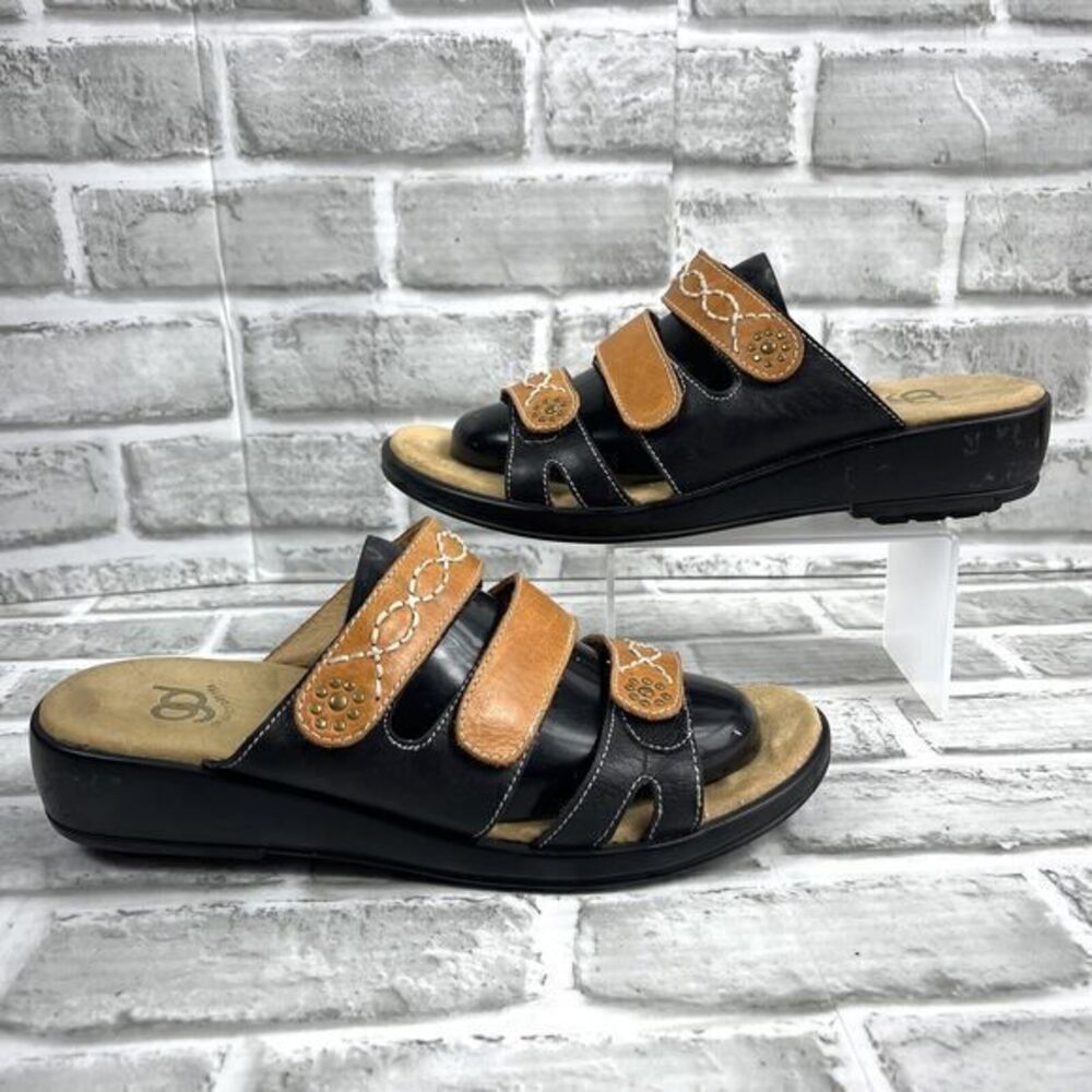 Gravity Defyer Women’s Size 9 Black/Tan Adjustable Comfort Wedge Slide Sandals